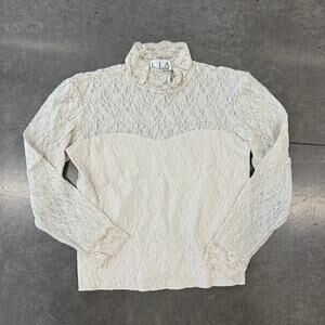 Vintage Y2k Full Lace Beige Cream Longsleeve Mock Neck Women's Blouse Small